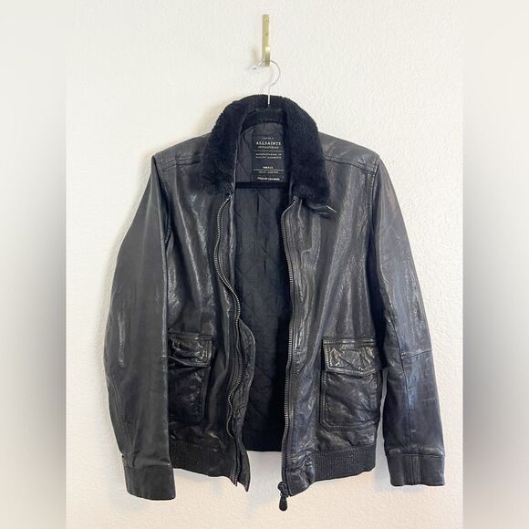 Allsaints Black Leather Bomber Aviator Flight Jacket with Shearling Collar Small - Picture 1 of 8